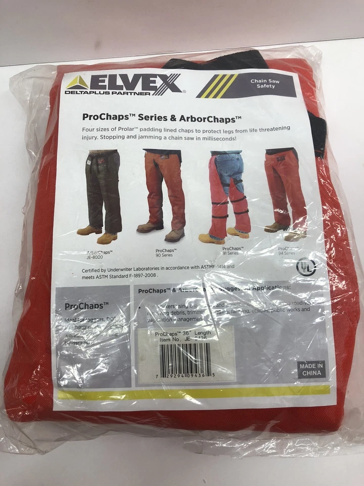 ELVEX JE-9436 Chain Saw Chaps, 36 In. L, Orange - Image 1 of 2
