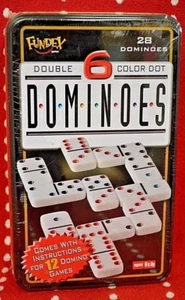 NEU DOMINOES Fundex 28 Dominosteine Doppel sechs FARBEN Punkte Spiel DOSE Alter 6+ DOMINO Spaß - Bild 1 von 4