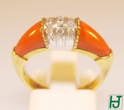 Brand New Coral Cocktail Ring with 9 Diamonds in 14k 2-tone Gold, Size 6.5 - Image 1 of 4