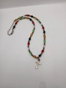 Sterling Silver & Multicolor Beaded Necklace with Cross Pendant - Picture 1 of 3
