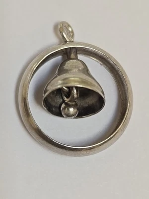 Sterling Silver ~ Bell In Ring Charm Pendant ~ WEDDING ~ VINTAGE - Image 1 of 4