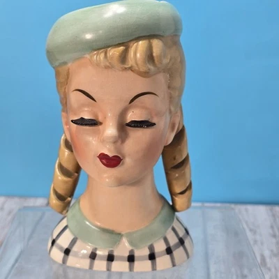 Vtg RARE TEEN Lady Head Vase w/Long Sausage Curls Beret Tam Hat Lashes 6" Japan - Image 1 of 4