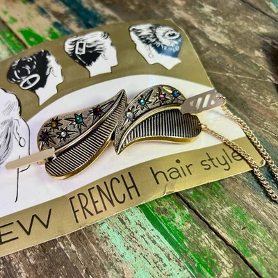 Big Vintage Leaves Hair Slide with Chain Stick- Multi Colour Glass Original Card - image 1 of 4