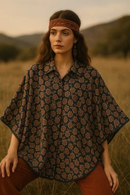 vintage 70s CAPE SHAWL PONCHO WRAP floral paisley boho bohemian hippie OS - Image 1 of 4