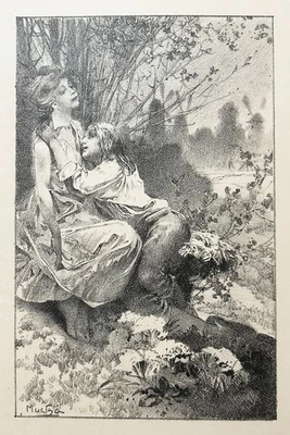 Alfons MUCHA (d'après)  L'amour voleur de miel (Chansons d'Aïeules). 1895. Litho - Photo 1/2