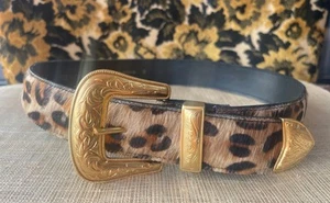 Vintage Avignon 80’s Animal Print Calf Hair Belt Gold Buckle Leather Medium - Picture 1 of 5
