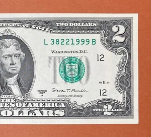 Trailing Year 1999 (L 38221999 B) $2 Two Dollar Bill Serial Number 2017A Series - Picture 1 of 3