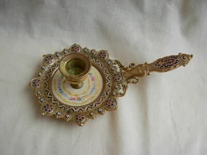 ANTIQUE FRENCH ENAMELED GILT BRONZE HAND CANDLE HOLDER,LATE 19th CENTURY - Picture 1 of 14