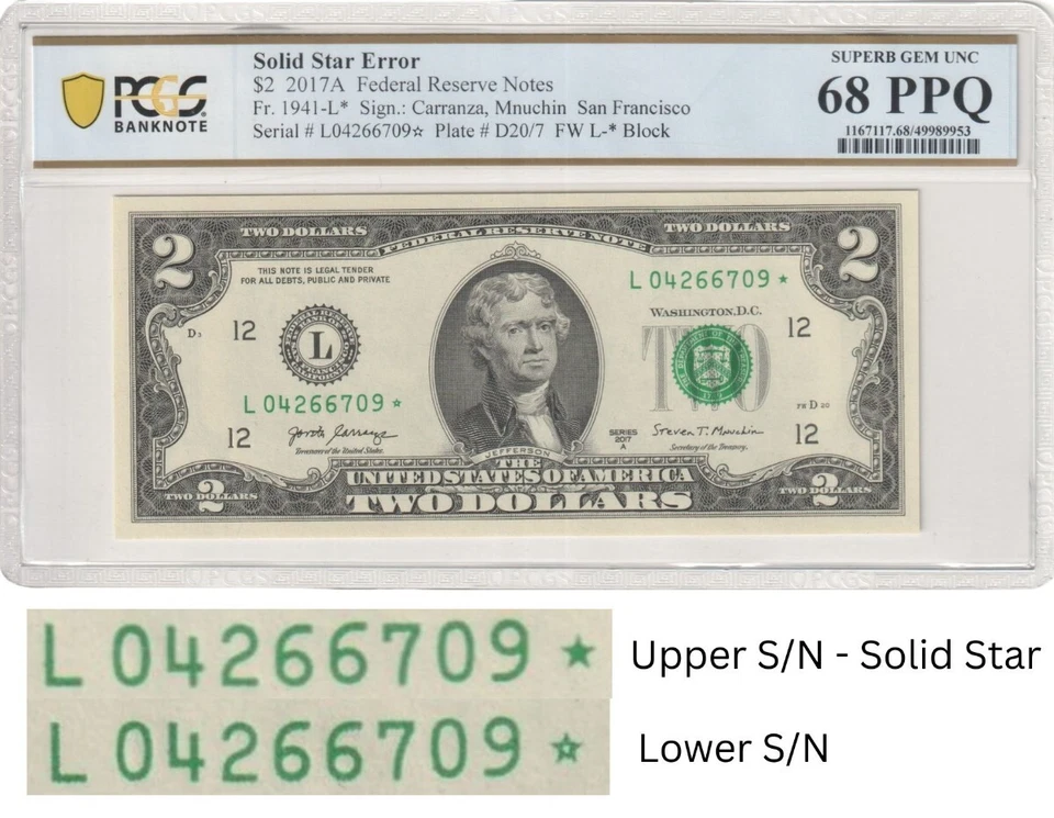 2017A Star $2 Two Dollar PCGS Graded Gem 68PPQ SOLID/FILLED STAR Error Note RARE - Image 1 of 3