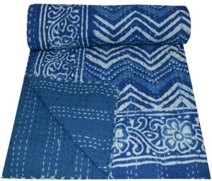 Indian Hand Block Indigo Floral Quilted Blanket Cotton King Size Bedspread Throw - Picture 1 of 5