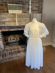 Vintage Handmade Lace Eyelet Dress High Neck Puff Sleeves Size Medium  - Picture 1 of 10