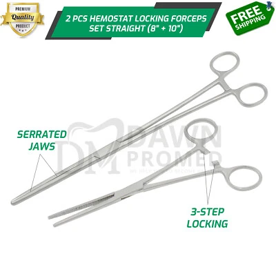 2Pcs Set 8" + 10" Straight Hemostat Forceps Locking Clamp Fishing Plier German G - Image 1 of 4