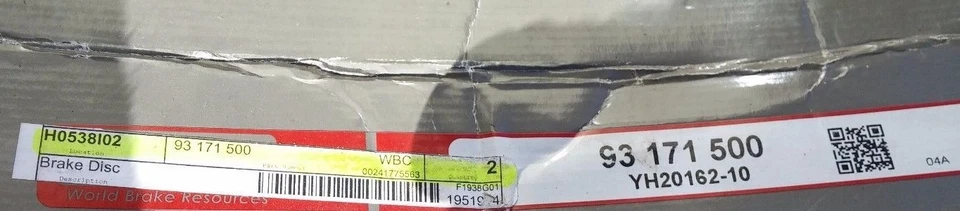 Pair of WBR YH20162-10 / 93 171 500 Disc Brake Rotors - Image 1 of 1