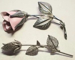 Vtg Rose Lot Giovanni Brooch Pin Pink Rose Flower Silver Tone Signed Filigree - Picture 1 of 12