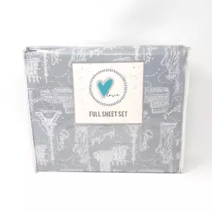 Gray White Travel New York Paris London Full Sheet Set 4pc NEW - Picture 1 of 8