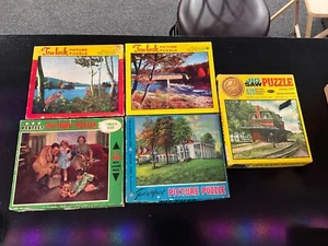 5 RARE HTF OLD JIGSAW 500-600 piece PUZZLES = 2 TRU-LOCK + 2 PERFECT + GOLD SEAL - Picture 1 of 11