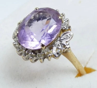 Anel aglomerado vintage sólido ouro amarelo 9 quilates ametista e diamante - Imagem 1 de 4