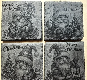 Set of 4 Christmas Gonk/Gnome Slate Coasters, Table, Decorations/Engraved/Gift - Picture 1 of 5