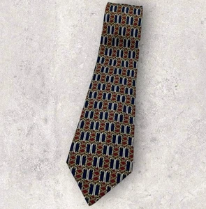 Celine Seidenkrawatte SPANIEN marineblau burgunder beige geometrisches Muster W: 3,7 Zoll gebraucht, in einwandfreiem Zustand - Bild 1 von 5