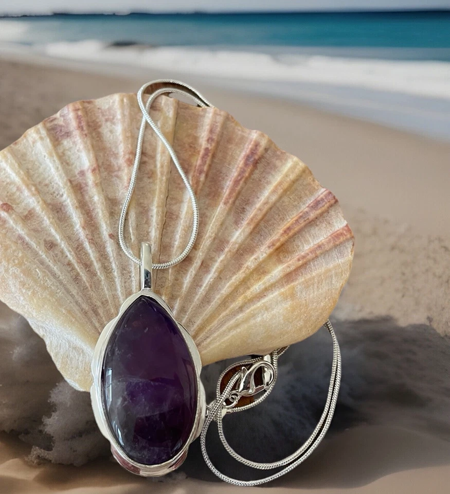 Colar pingente moderno de pedra preciosa ametista - Banhado a prata esterlina 925 - Novo em folha - Imagem 1 de 4