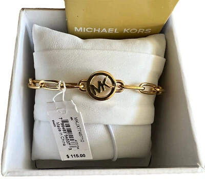 NUEVO EN CAJA NUEVO CON ETIQUETAS MICHAEL KORS MKJX7746710 Brazalete de cadena con logotipo en tono dorado ORG $115 8” Ajustable Foto 1 de 4