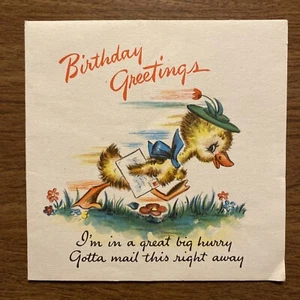 Tarjeta de feliz cumpleaños sello de la década de 1940 pato corriendo al buzón oficina de correos P1F - Imagen 1 de 12