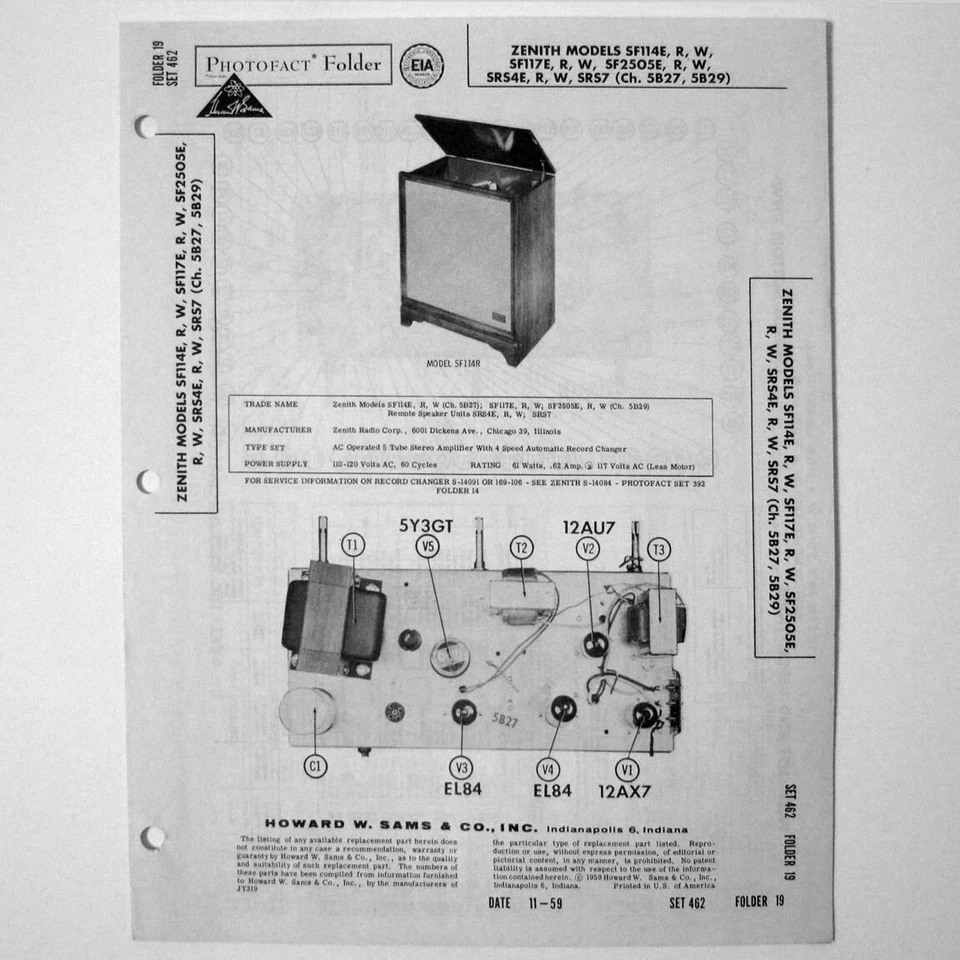 Zenith Models SF114E SF177E Stereo Record Changer - SAMS Photofact ™ 1959 - New - Image 1 of 1