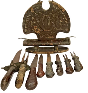 Vintage Iron Knife & Forks Set Carved Wooden Handles & Stand,India - Picture 1 of 9