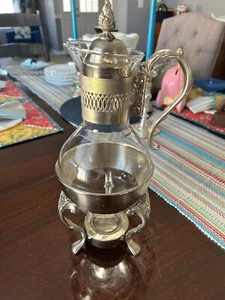 Scaldacandele caraffa caffè vintage Corning metà secolo placcato argento e vetro - Foto 1 di 8