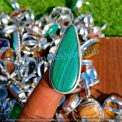 Lote al por mayor de anillos de malaquita y mezcla de piedras preciosas joyería enchapada en plata de ley 925 Foto 1 de 4
