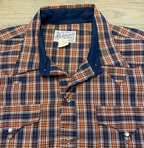 VTG Rockmount Ranch Wear Shirt Pearl Snap Mens 17 M Blue Red Plaid Western USA - Picture 1 of 20
