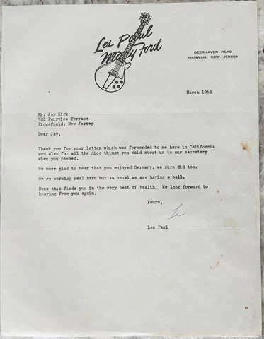 Les Paul Signed Letter March 1963 Mahwah NJ Mary Ford Original Vintage Cover
