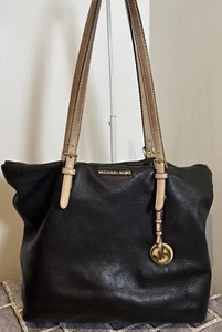 MICHAEL KORS Soft Leather Tote Bag Black / Nude Straps /Gold Metal Hobo - Picture 1 of 20