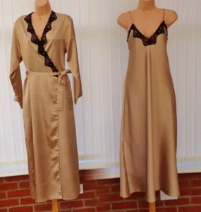 F40 CONTESSA GOLD SATIN SCHWARZ SPITZE 70ER NACHTHEMD NEGLIGÉ SET 12/14 M NEU OHNE ETIKETT - Bild 1 von 12