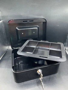 Black Metal Cash Box Safe Secure Protect Valuables 2 Keys Portable - Picture 1 of 2