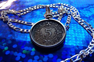 Pre 1945 Mexican Mayan Calendar Coin Pendant 24" Sterling Silver ITALY Chain - Image 1 of 4
