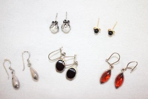 Vintage Yellow Gold Stud .585 Earrings & 4 Bonus Sterling Pairs Teardrop Amber + - Picture 1 of 21