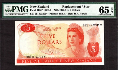 New Zealand $5 REPLACEMENT // STAR 1977-81 Prefix 991 P-165d* GEM UNC PMG 65 EPQ - Image 1 of 2