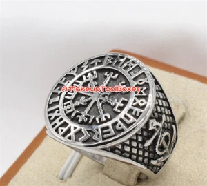 Herren Edelstahl nordischer Wikinger Rune Vegvisir Kompass Anker Ring 7-12 # J574 - Bild 1 von 5