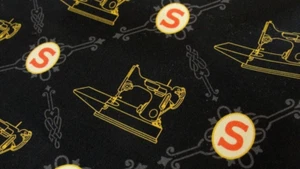 Black Featherweight Sewing Machine w/red S , Custom Cotton Fabric 58" W - Picture 1 of 8