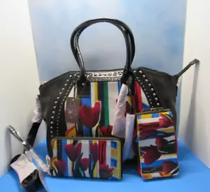 SHARIF LEATHER Hand-Painted TULIP Large Handbag/ Purse - NWT + WRISTLET + Glass - Picture 1 of 9