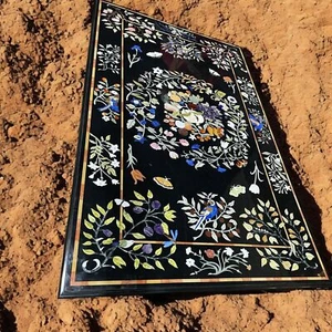 Rectangle Black Marble Dining Table Precious Inlay Stone Marquetry Handmade Arts - Picture 1 of 7