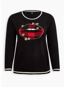 TORRID ( 4X 26 ) Rundhalspullover Pulli Stern Lippen schwarz rot kariert gold Pailletten - Bild 1 von 5