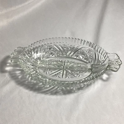 Vintage Etched Cut Glass Candy Nut Relish Dish With Divider - Image 1 of 4