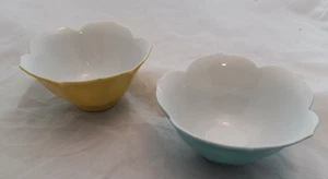 Yellow Blue Milk Glass Flower Petal Two Dessert Bowls Fruit Ice Cream Japan - Picture 1 of 12