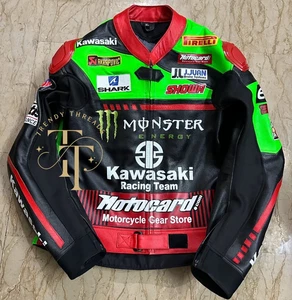 Giacca in pelle di vacchetta per moto Kawasaki moto sport corsa motociclista - Foto 1 di 4