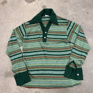 Camiseta polo vintage años 70 a rayas verde naranja amarillo bebé M - Imagen 1 de 5