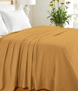 Twin Mustard Cotton Waffle Weave Honeycomb Blanket - Picture 1 of 9