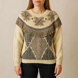 Vintage Huntington Ridge Handstrick Fransen Pullover L Creme Grau Nordic Western - Bild 1 von 7