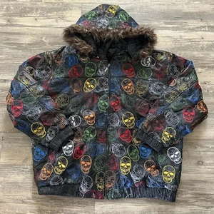 Vintage Y2K Skulls All Over Print AOP Leather Bomber Jacket W/ Fur Hood Size 5XL - Picture 1 of 4